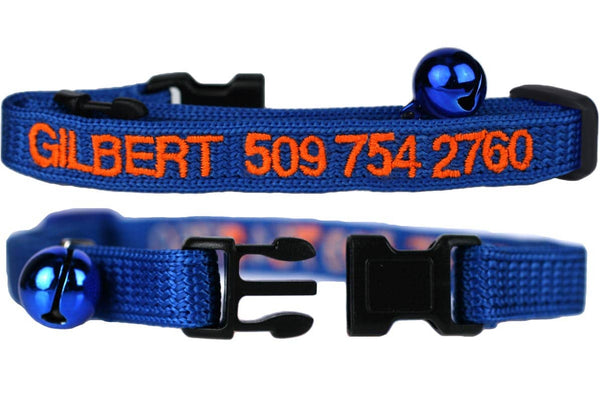 GoTags Personalized Cat Collar Embroidered with Name and Phone Number, Blue Breakaway Cat Collars with Bell