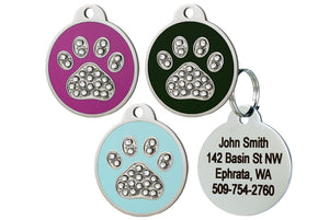 GoTags Stainless Steel Pet ID Tags with Swarovski Crystals in Paw Print Shape, Personalized Dog Tags
