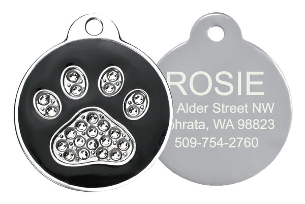 GoTags Black Pet ID Tags with Swarovski Crystal Paw Print Personalized Engraved