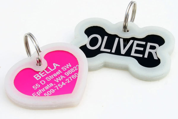 GoTags Silent Dog Tags with Rubber Tag Silencer, Bone and Heart Shaped Pet ID Tags, Double Sided Engraved and Personalized 