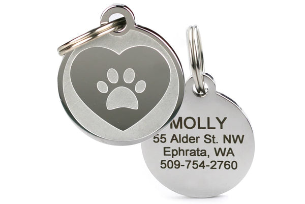 GoTags Stainless Steel Pet ID Tag with Heart and Paw Print, Personalized Engraved