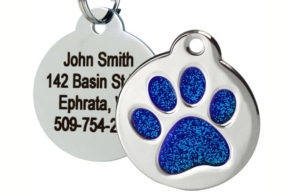 GoTags Pet Tag with Blue Glitter in Paw Print Shape, Stainless Steel Dog Tag Personalized with 4 lines of Engraved ID