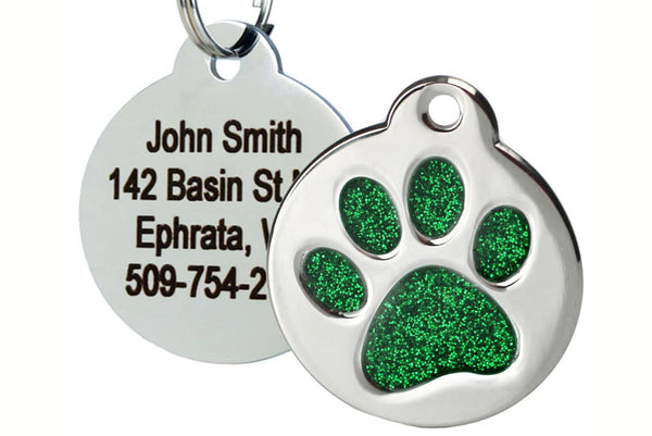 GoTags Stainless Steel Pet Tag with Green Glitter Filled Paw Print Shape, Personalized and Engraved with 4 lines of Custom ID