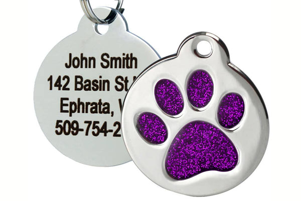 GoTags Pet Tag with Purple Glitter in Paw Print Shape, Stainless Steel Dog Tag Personalized with 4 lines of ID
