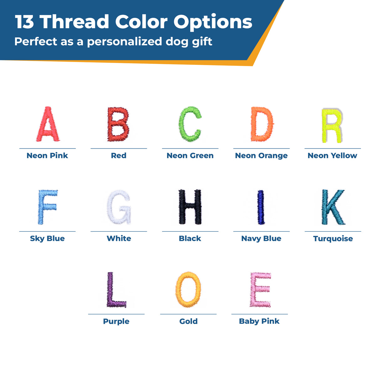 Chart titled '13 Thread Color Options' showing thread color swatches labeled A–L