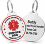 Front and back view of Service Dog ID Tag showcasing red medical alert symbol and lettering on white background