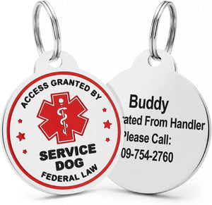 Front and back view of Service Dog ID Tag showcasing red medical alert symbol and lettering on white background