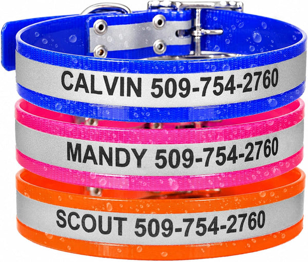 Front view of Personalized Reflective Waterproof Dog Collar showcasing three colors, reflective bands, and custom text