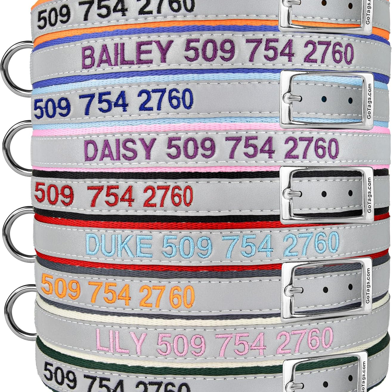 Front view of personalized reflective dog collars showcasing embroidered identification and metal buckles on white background