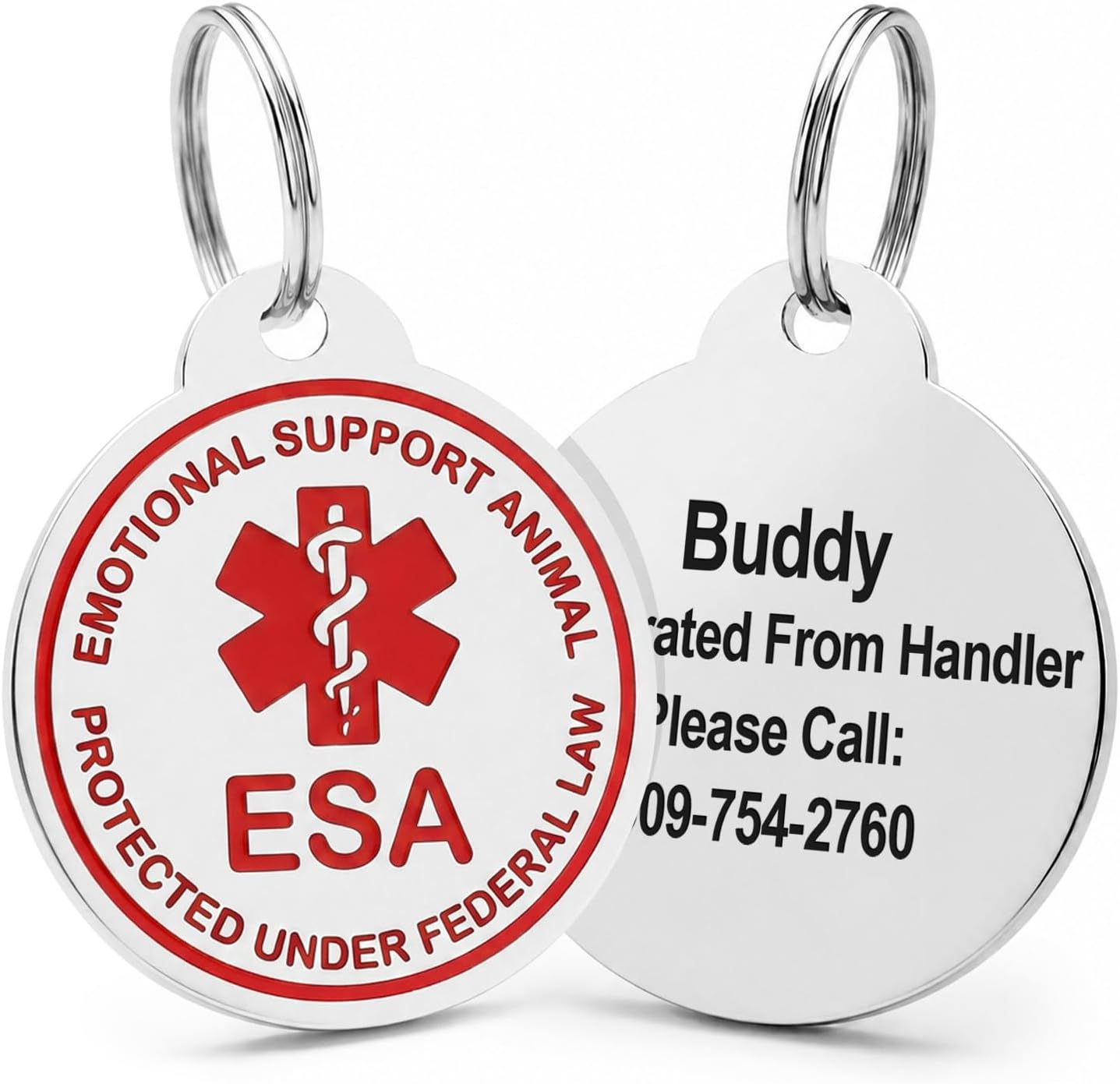 Front and back views of ESA Dog ID Tag showcasing red medical alert symbol and personalized engraving with white background