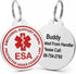 Front and back views of ESA Dog ID Tag showcasing red medical alert symbol and personalized engraving with white background