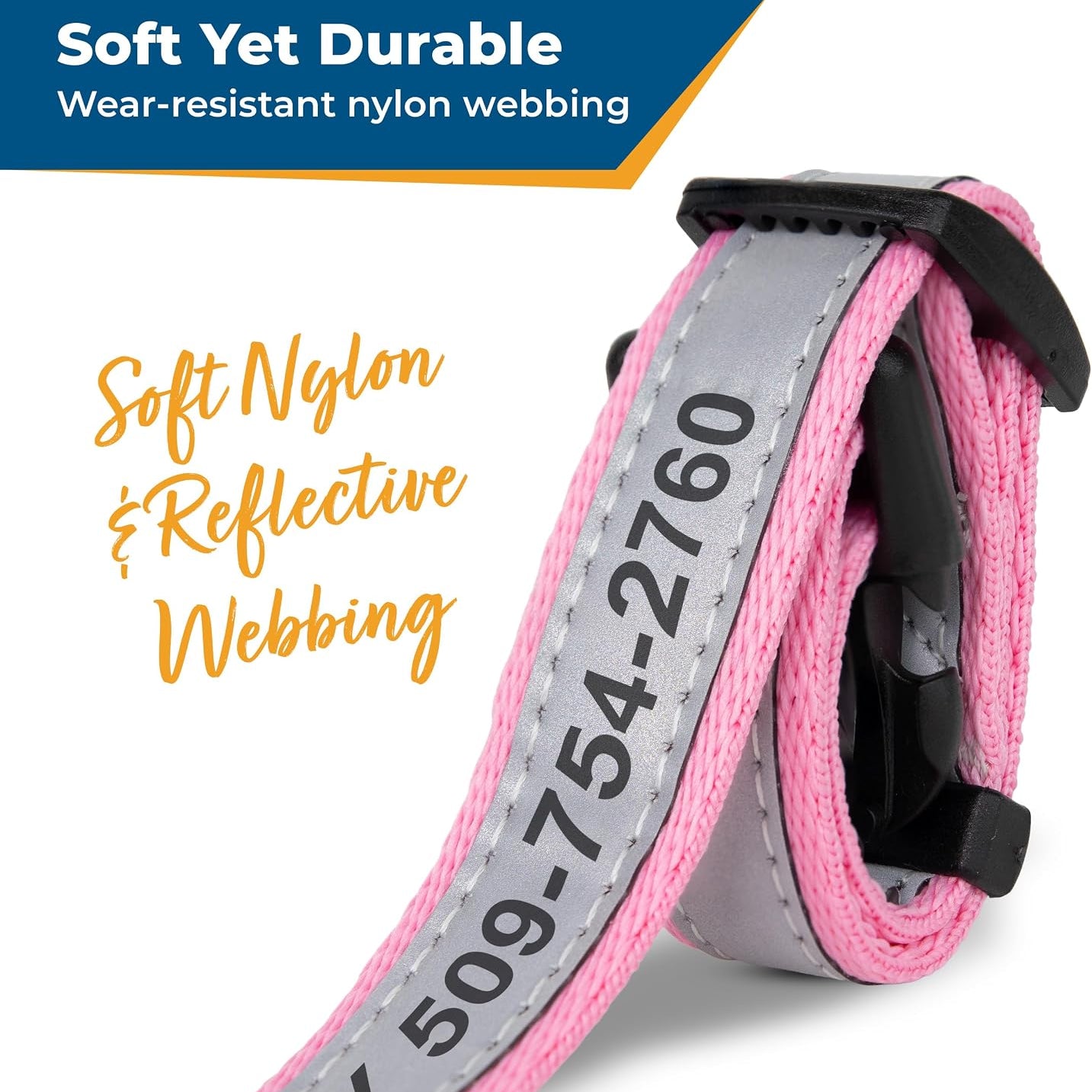 Close-up of pink personalized dog collar showing reflective nylon webbing and quick release buckle with Soft Yet Durable text
