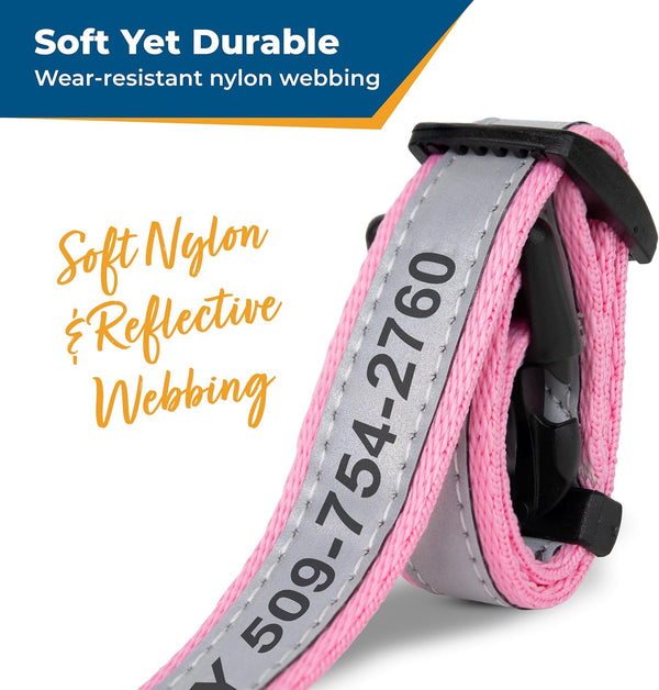 Close-up of pink personalized dog collar showing reflective nylon webbing and quick release buckle with Soft Yet Durable text