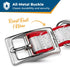 Close up of personalized embroidered reflective dog collar showcasing all metal buckle and reflective webbing