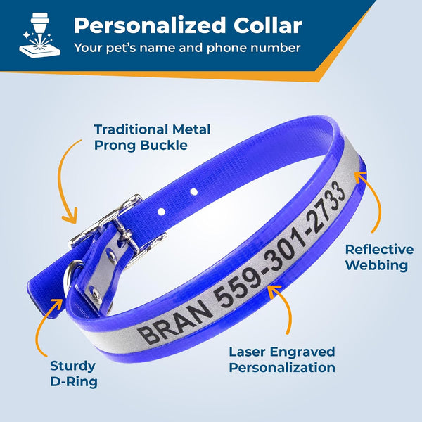 Product feature graphic showing a personalized collar with reflective webbing, metal prong buckle, sturdy D-ring, and laser engraving