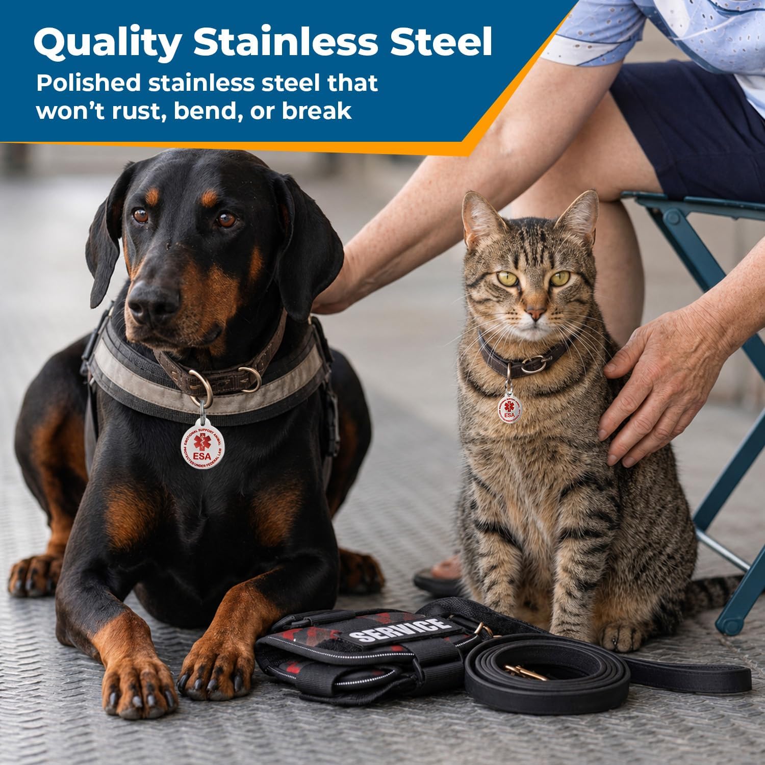 Dog and cat wearing ESA tags beside handler; Quality Stainless Steel, rust, bend, and break resistant