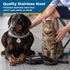 Dog and cat wearing ESA tags beside handler; Quality Stainless Steel, rust, bend, and break resistant