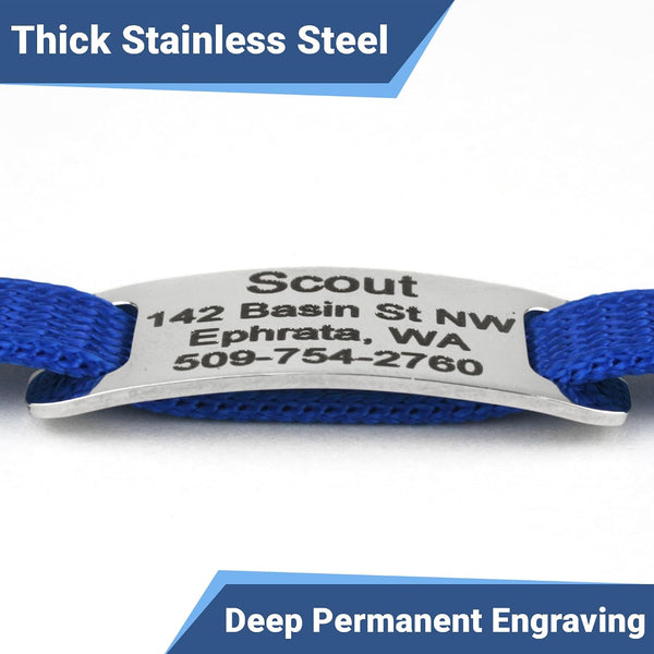 Front closeup of personalized reflective cat collar with thick stainless steel tag showcasing deep permanent engraving
