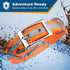 Orange personalized reflective waterproof dog collar with metal buckle, water and mud splashes, labeled Adventure Ready