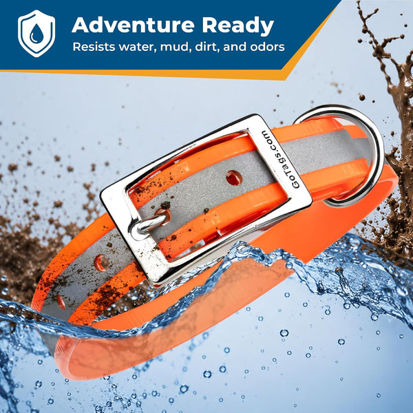 Orange personalized reflective waterproof dog collar with metal buckle, water and mud splashes, labeled Adventure Ready