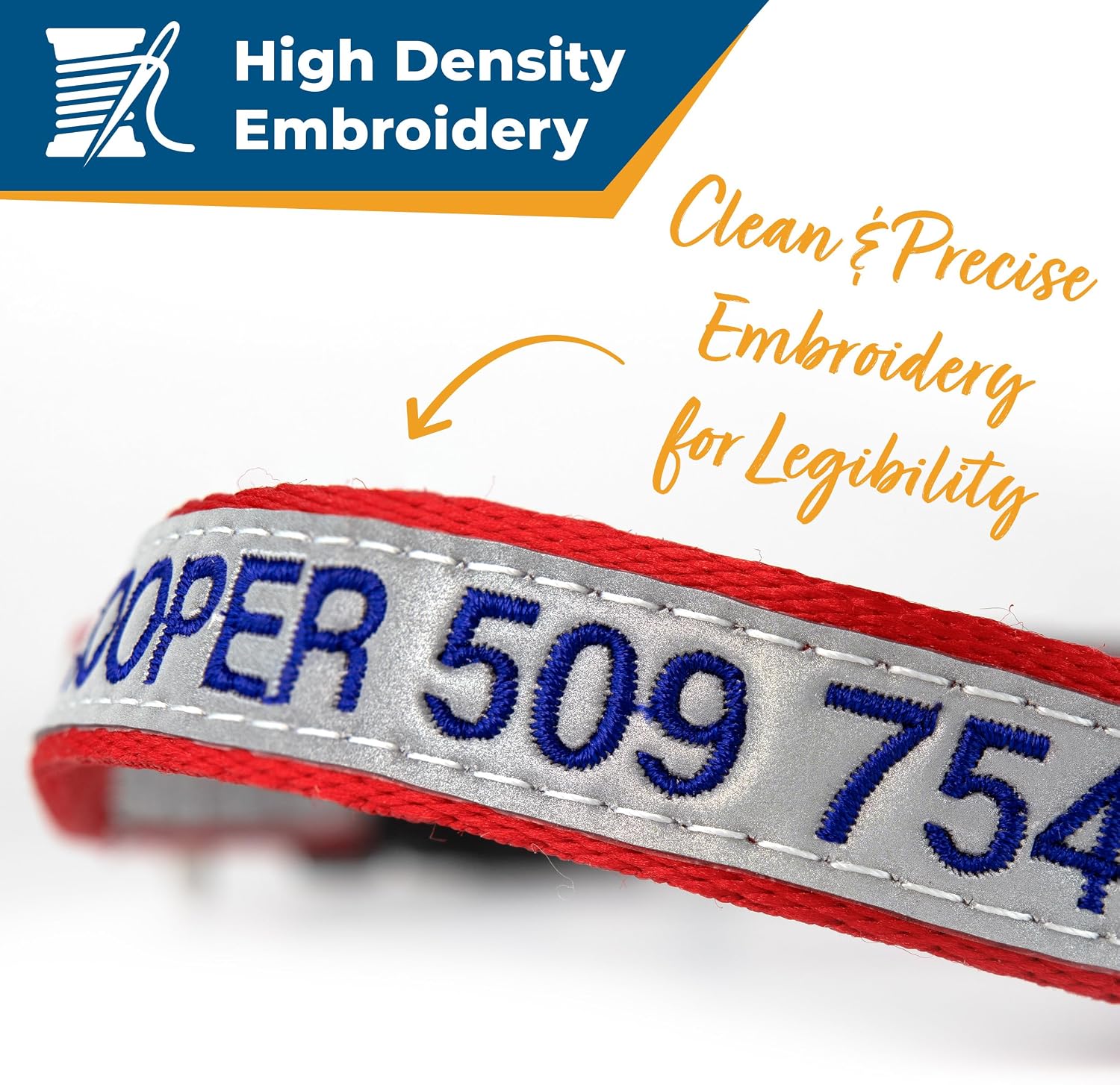 Close-up of red reflective dog collar showcasing high-density embroidery for legibility