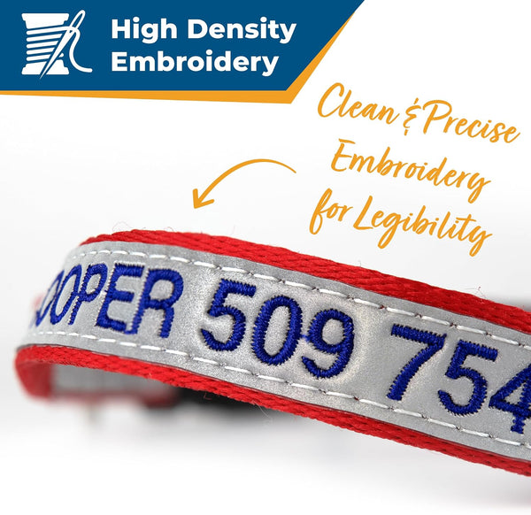 Close-up of red reflective dog collar showcasing high-density embroidery for legibility