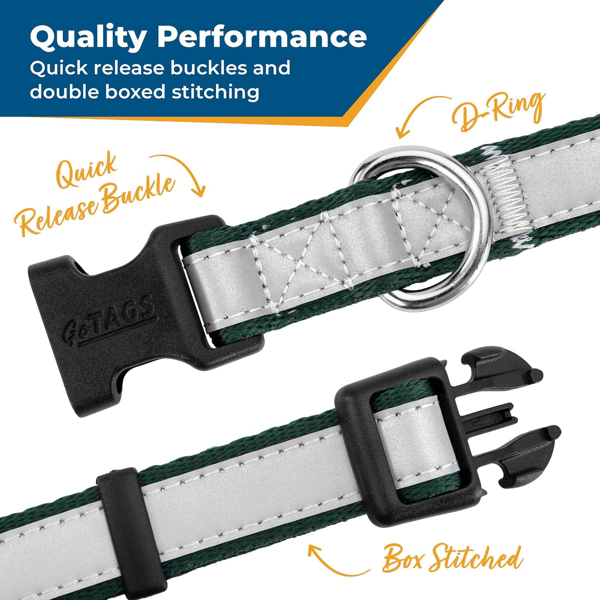 Quality performance dog collar showing quick release buckles, D ring, and double box stitching