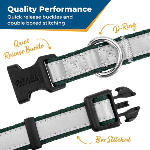 Quality performance dog collar showing quick release buckles, D ring, and double box stitching