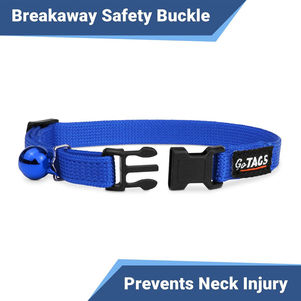 Blue cat collar with breakaway buckle on white background featuring Breakaway Safety Buckle and Prevents Neck Injury