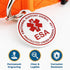 Close-up of ESA dog ID tag with red medical alert symbol and lettering, permanent engraving, and corrosion resistance