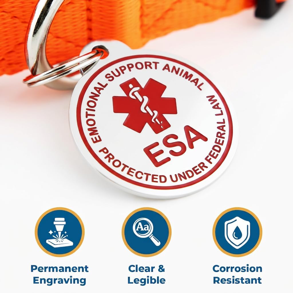 Close-up of ESA dog ID tag with red medical alert symbol and lettering, permanent engraving, and corrosion resistance