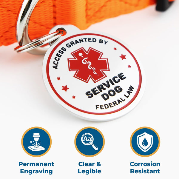 Close-up front view of Service Dog ID Tag reading Access Granted by Service Dog Federal Law with red medical alert symbol