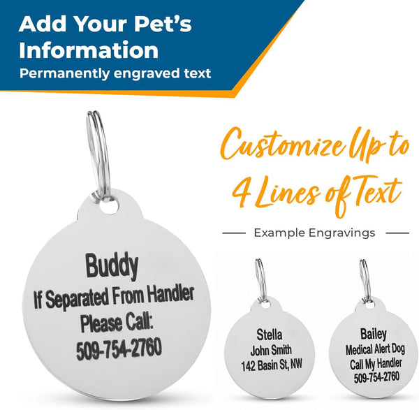 Back view of Service Dog ID Tag showcasing up to four lines of permanent engraving with example text