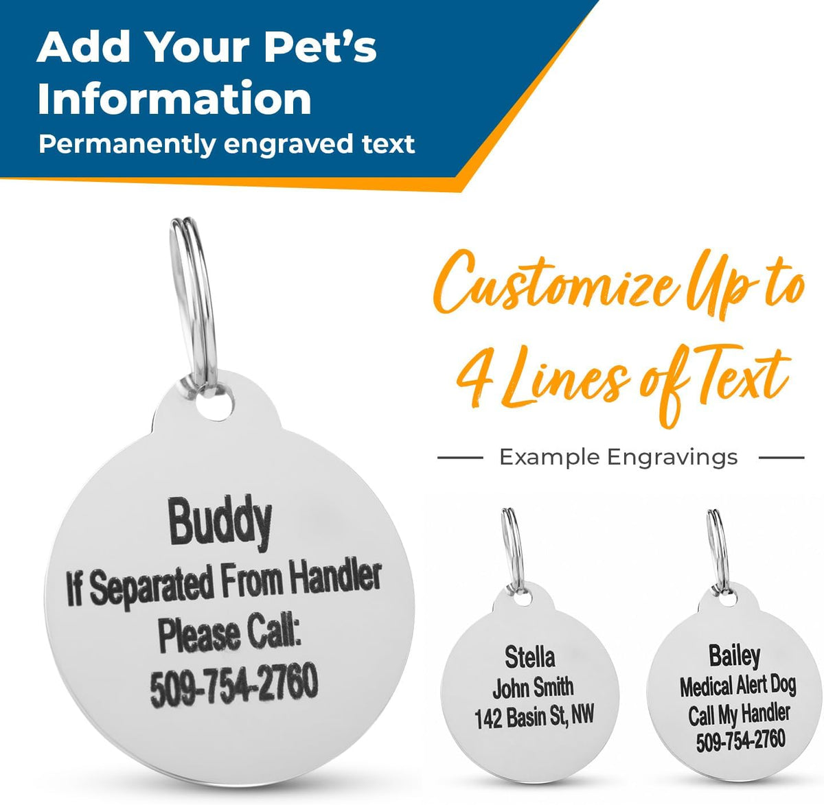 Back view of ESA Pet ID Tag showcasing permanently engraved text and up to four customizable lines on a white background