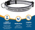 Product infographic showing laser engraving, reflective visibility, and clear, legible identification on a dog collar