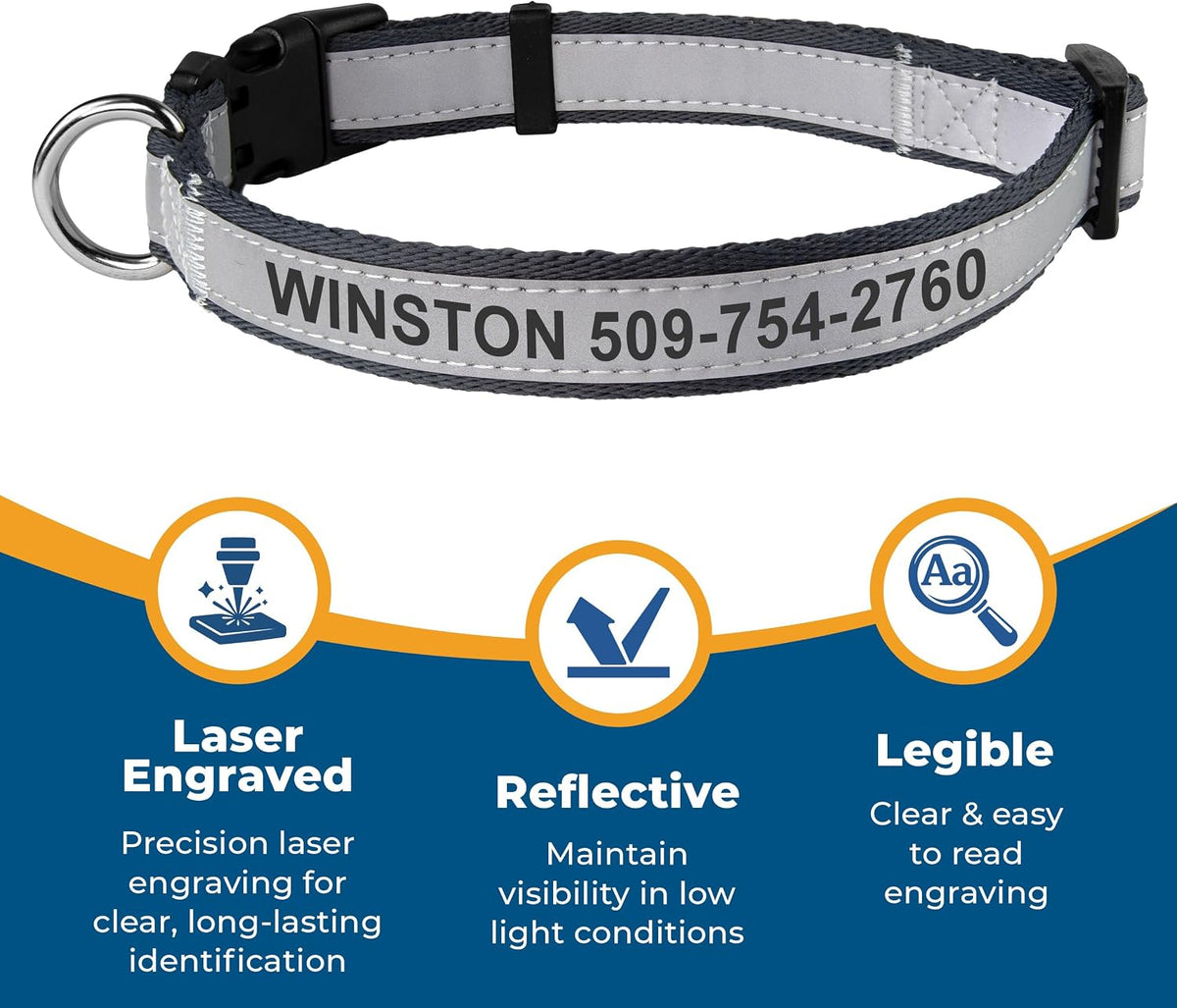 Product infographic showing laser engraving, reflective visibility, and clear, legible identification on a dog collar