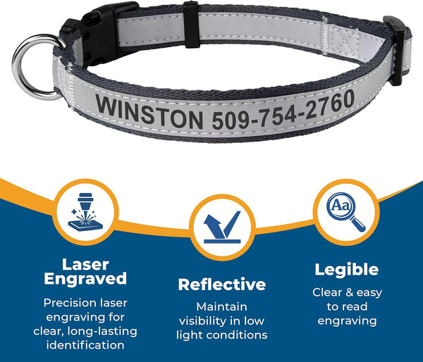 Product infographic showing laser engraving, reflective visibility, and clear, legible identification on a dog collar