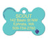 Front view of turquoise bone-shaped Scooby-Doo dog ID tag showing example engraved name, address, and phone on white background
