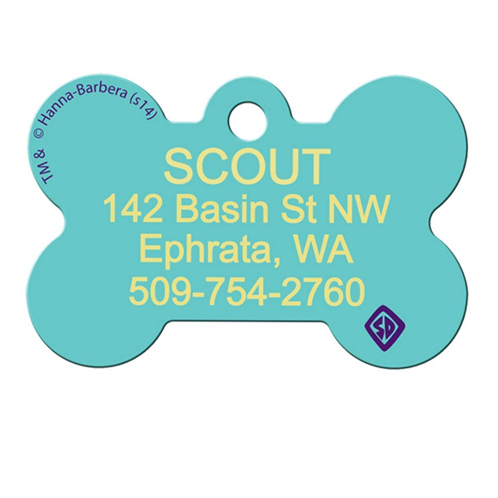 Front view of turquoise bone-shaped Scooby-Doo dog ID tag showing example engraved name, address, and phone on white background