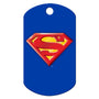 Front view of Superman dog ID tag with red and yellow S shield on blue background, brass with UV finish and top hole