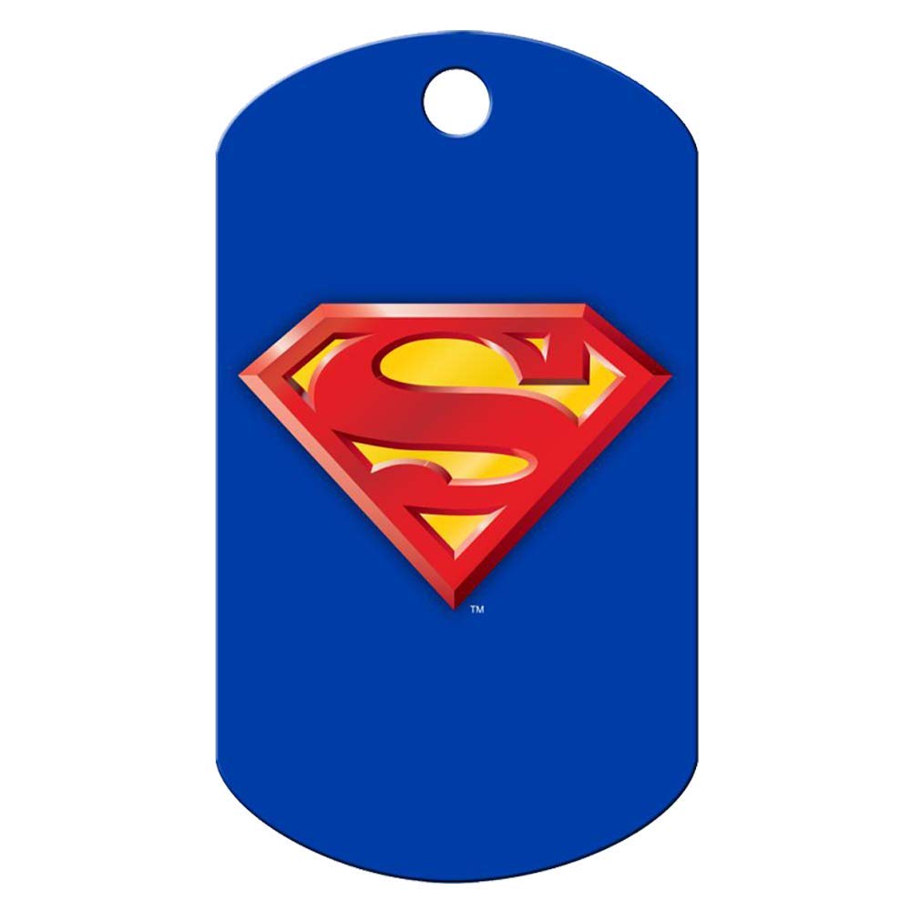 Front view of Superman dog ID tag with red and yellow S shield on blue background, brass with UV finish and top hole