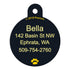 Front view of round Peanuts brass dog ID tag showing Charlie Brown artwork and example 3-line engraved personalization on black background
