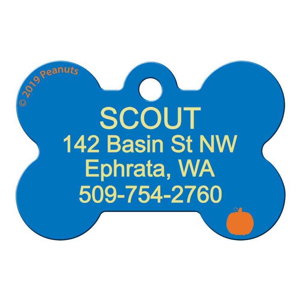 Front view of blue bone-shaped Halloween Snoopy dog ID tag showing yellow engraved sample name SCOUT, address and phone, small orange pumpkin on white background