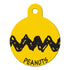 Front view of Peanuts ID tag showing Charlie Brown black zigzag and PEANUTS text on yellow brass tag with white background