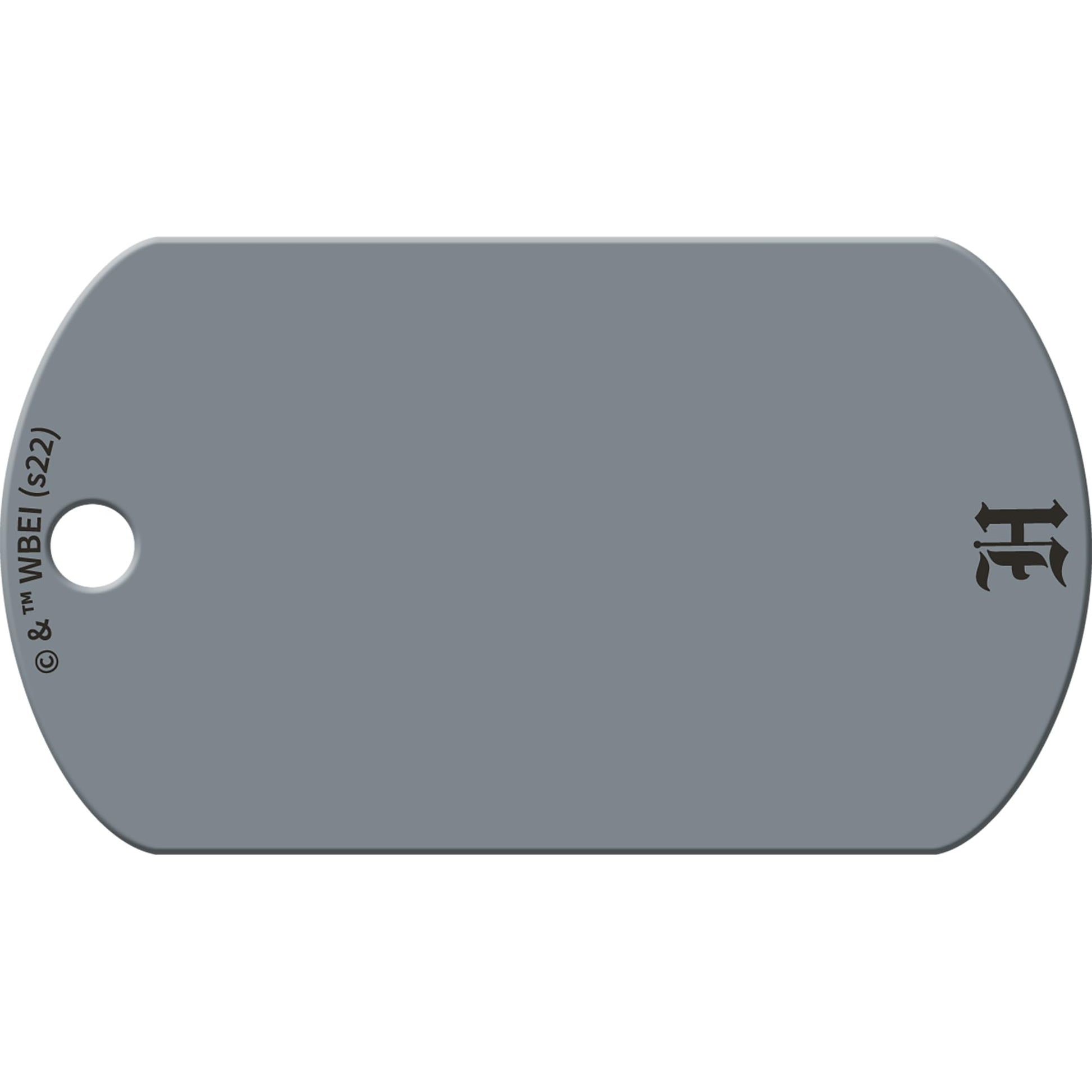 Close up of Harry Potter dog ID tag showing rounded rectangle shape, punched hole, gray UV painted finish and partial HP logo on white background