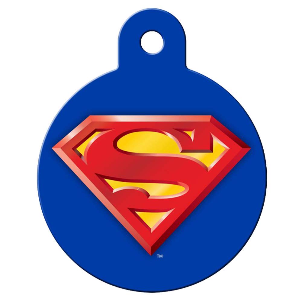 Front view of round Superman dog ID tag showing red-and-yellow S shield on blue enamel; solid brass with UV-cured finish, top attachment hole, personalizable with up to 3 engraved lines