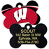 Front and back of bone-shaped NCAA dog ID tag showing red team logo on front and engraved contact text on black back