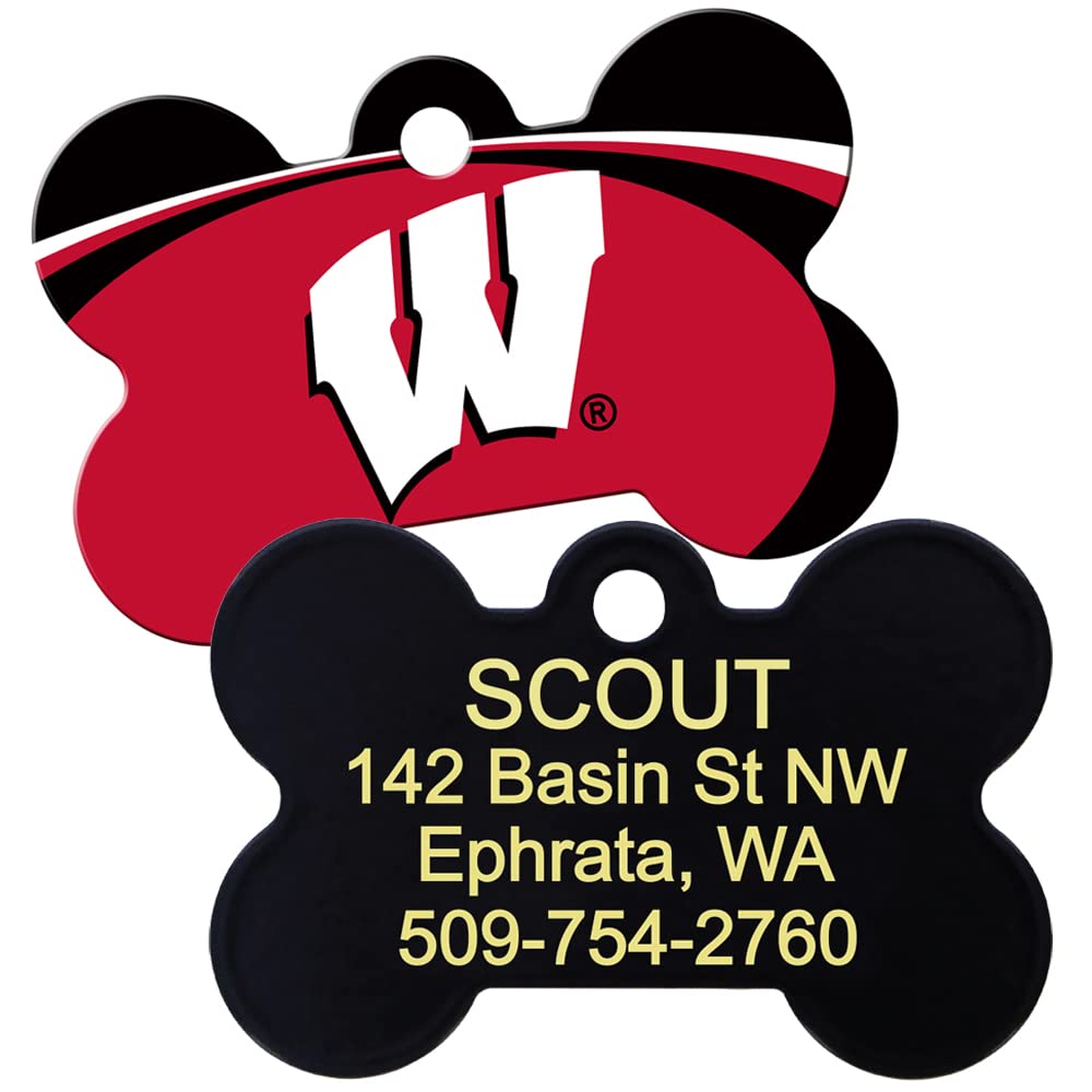 Front and back of bone-shaped NCAA dog ID tag showing red team logo on front and engraved contact text on black back