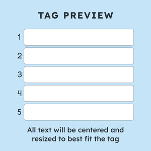 Tag preview showing five numbered text lines and a note that text will be centered and resized to fit the tag