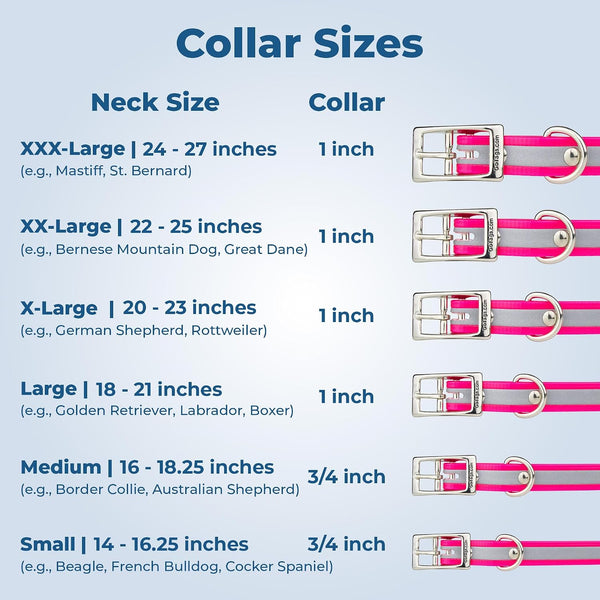 Dog collar size chart showing neck measurements from 14 to 27 inches and collar widths of 3/4 or 1 inch